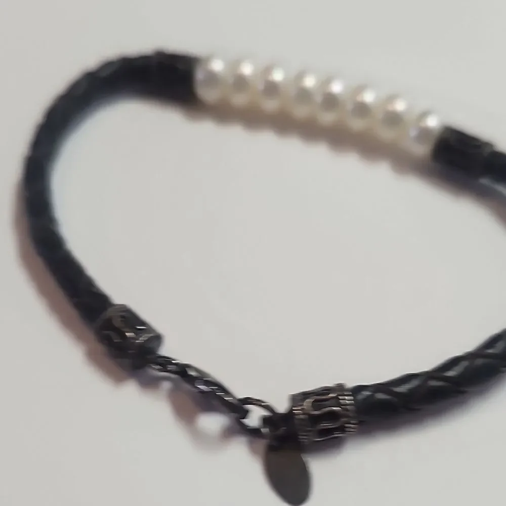 IWI Jewelers Cultured Pearl / Sterling Silver Braided Leather Band Bracelet 6.5